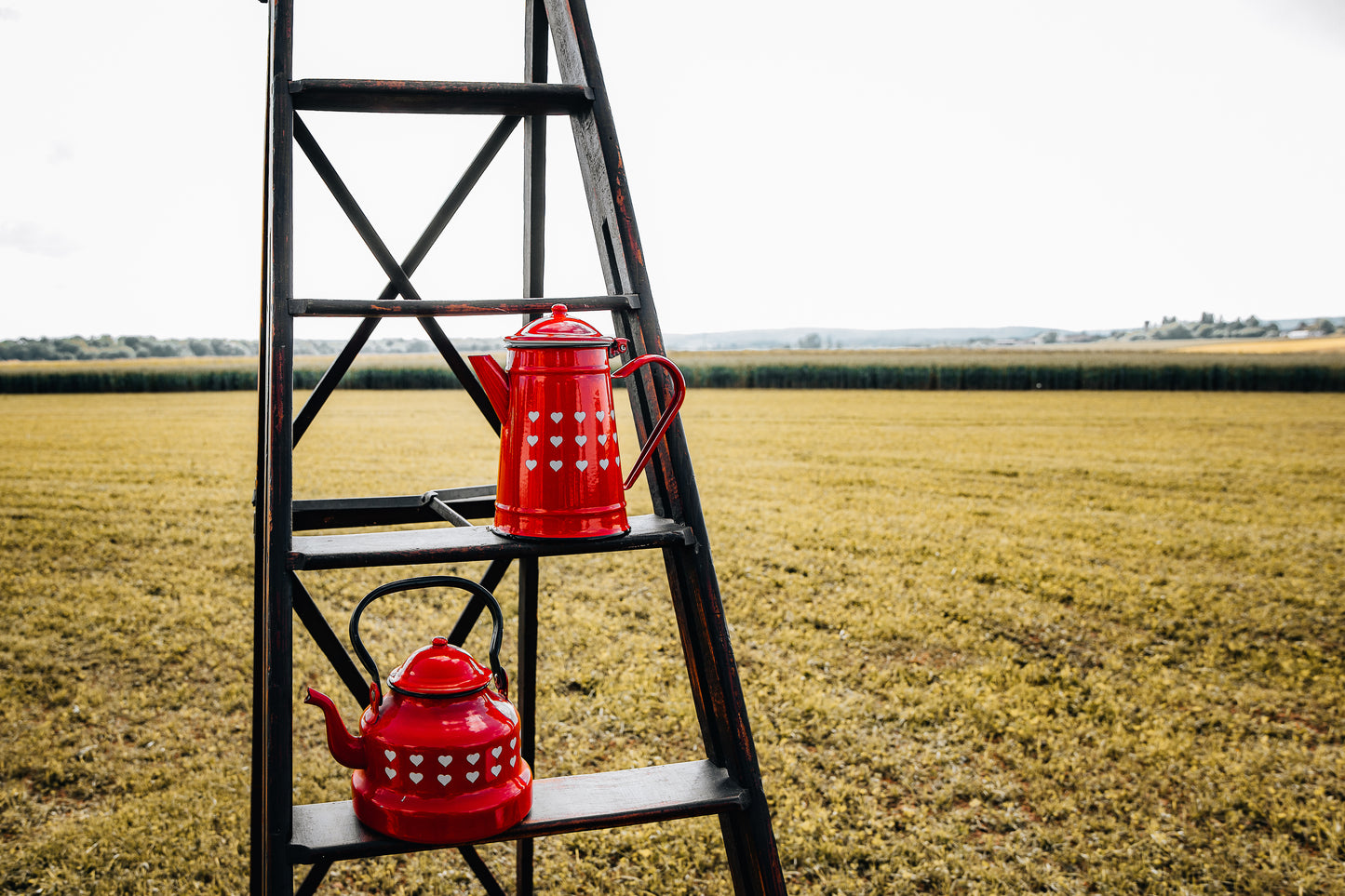 Lot d'une cafetière et une théière émaillées motif coeurs