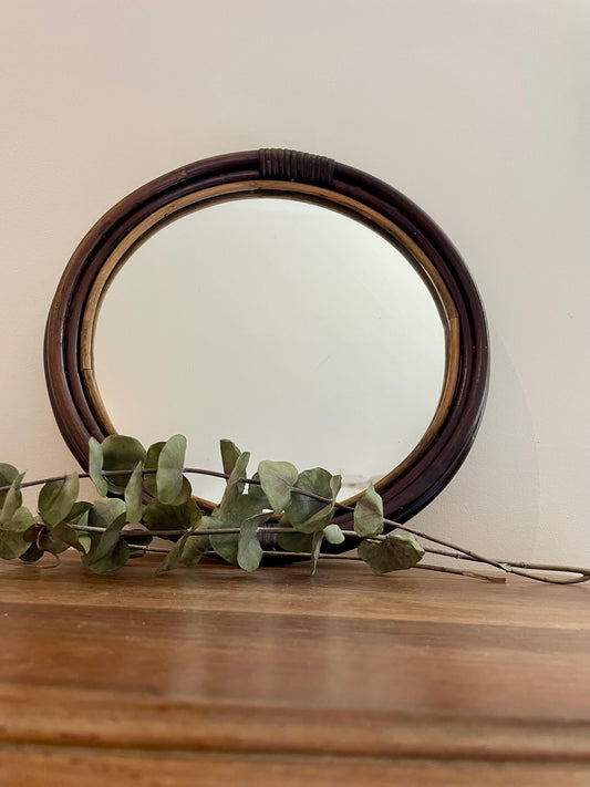 Miroir vintage rond en rotin