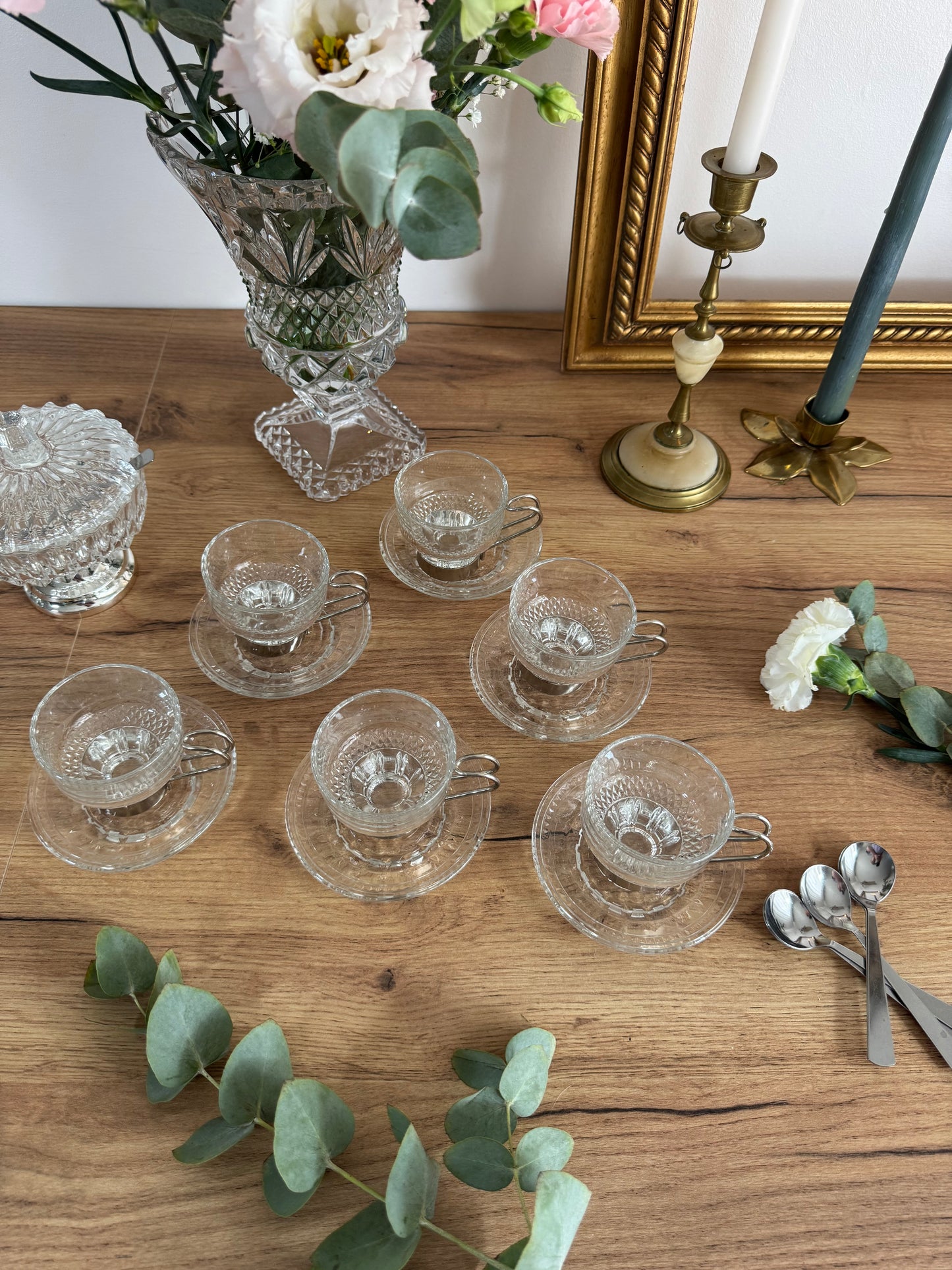 Tasses en verre avec cuillères x6