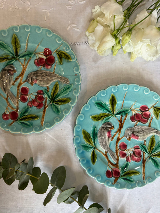 Assiettes barbotine oiseaux vintage
